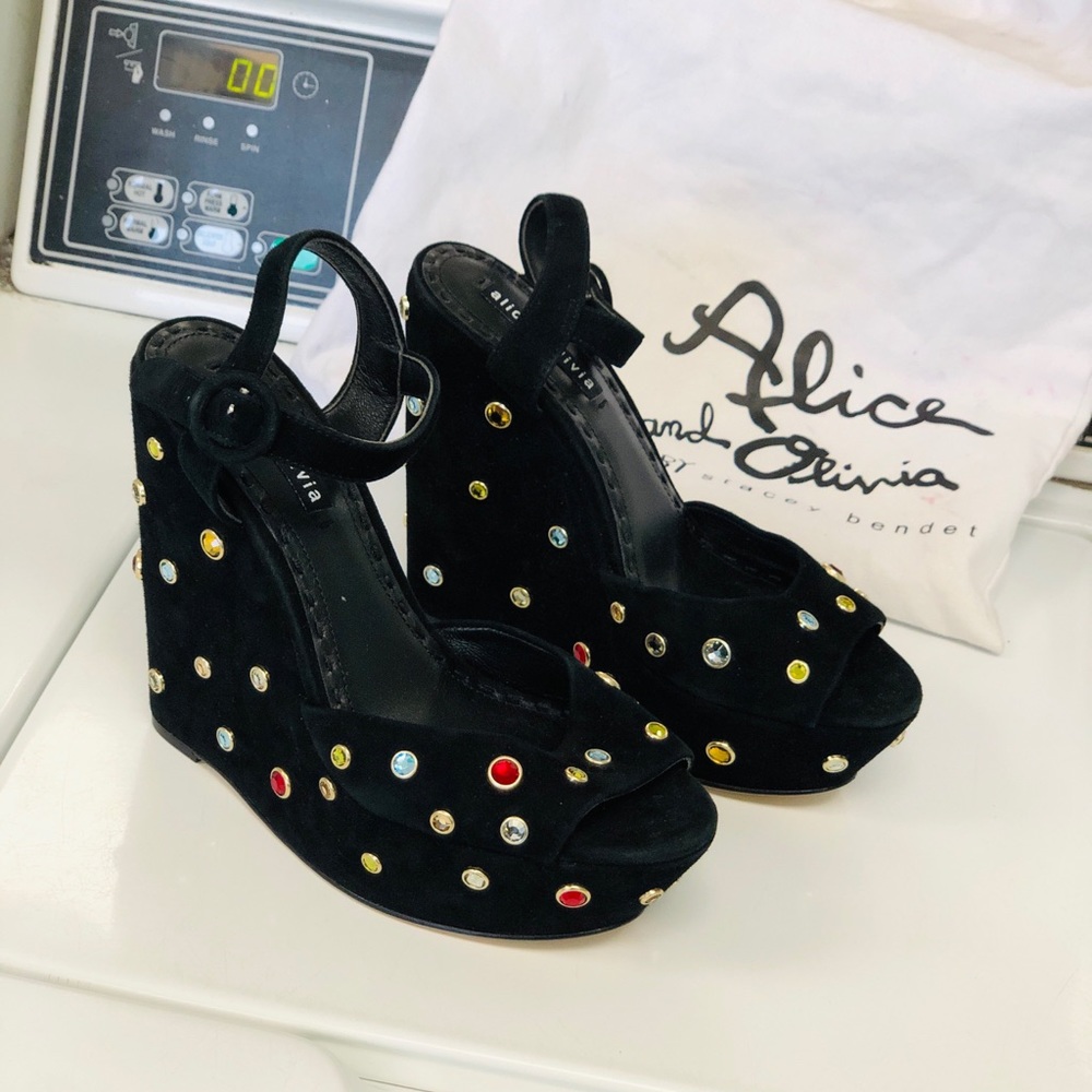 ALICE & OLIVIA "Laura" Jewel Studded Suede Wedge 9